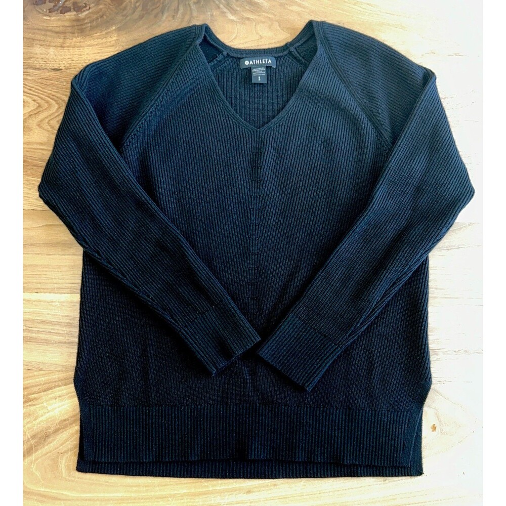 Athleta Hanover  V-Neck Sweater Size Small S Black Merino Wool Blend Perfect